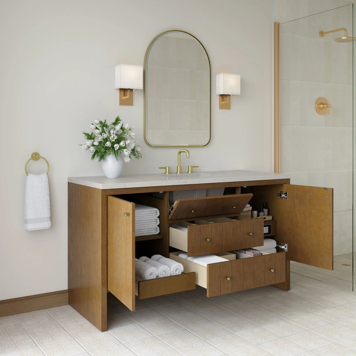 Hudson 60" Single Vanity, Honey Oak w/ 3 CM Siberian Silestone Top w/FreePower Wireless Charger