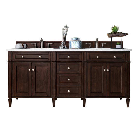 Renovate for Less Atlanta Brittany 72" Double Vanity, Burnished Mahogany w/ 3 CM Eternal Jasmine Pearl Silestone Top w/FreePower Wireless Charger