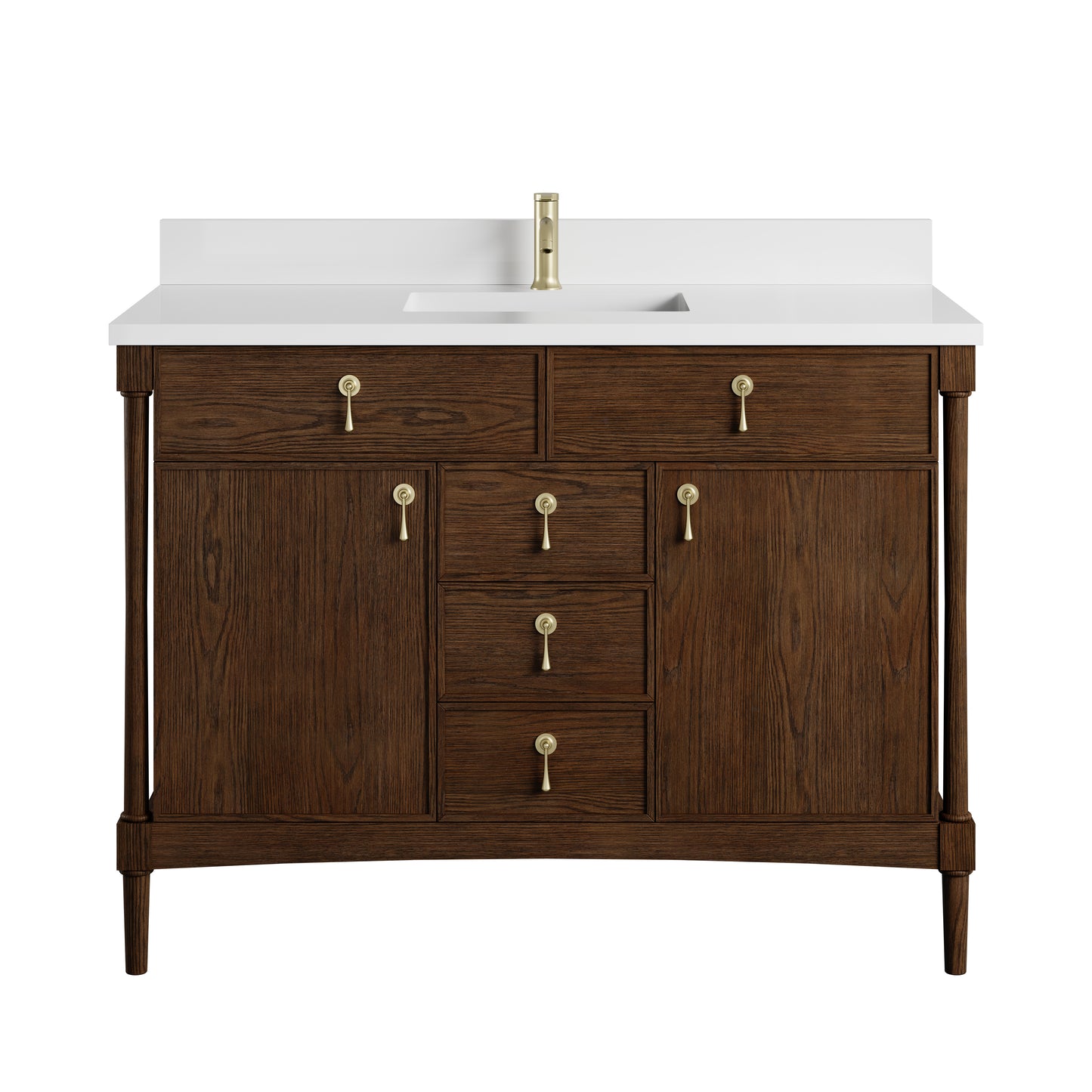 Renovate for Less Atlanta Kinnsden 48" Single Vanity, Sable Oak w/ Single Hole 3 CM White Zeus Silestone Top and Matching Backsplash