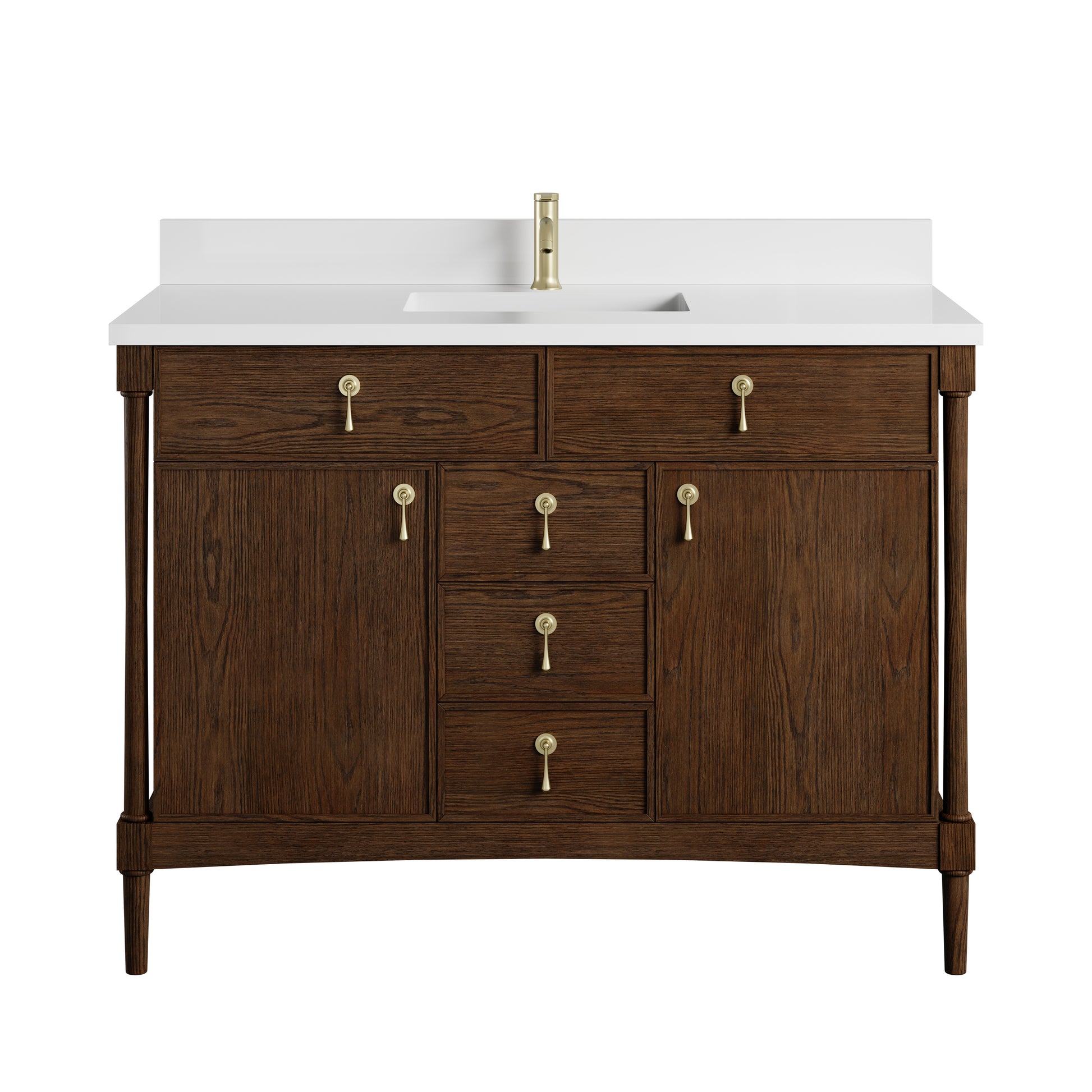 Renovate for Less Atlanta Kinnsden 48" Single Vanity, Sable Oak w/ Single Hole 3 CM White Zeus Silestone Top and Matching Backsplash