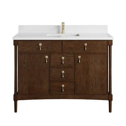 Renovate for Less Atlanta Kinnsden 48" Single Vanity, Sable Oak w/ Single Hole 3 CM White Zeus Silestone Top and Matching Backsplash