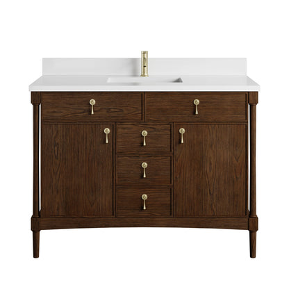 Kinnsden 48" Single Vanity, Sable Oak w/ Single Hole 3 CM White Zeus Silestone Top and Matching Backsplash