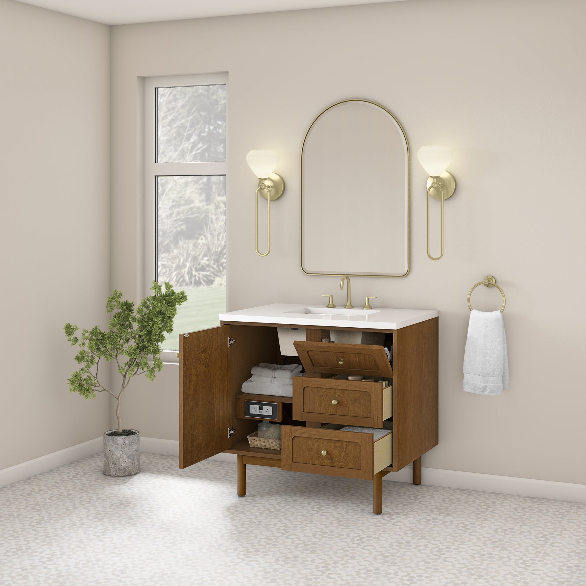 Renovate for Less Atlanta Laurent 36" Single Vanity, Honey Oak w/ 3 CM White Zeus Silestone Top