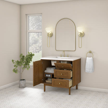 Renovate for Less Atlanta Laurent 36" Single Vanity, Honey Oak w/ 3 CM White Zeus Silestone Top