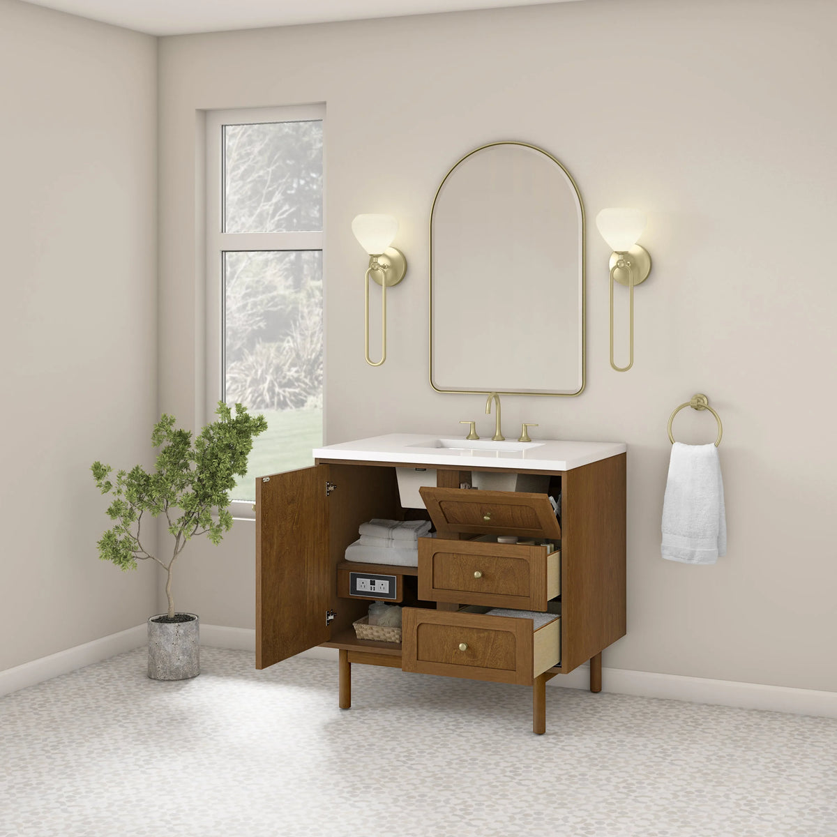 Laurent 36" Single Vanity, Honey Oak w/ 3 CM White Zeus Silestone Top