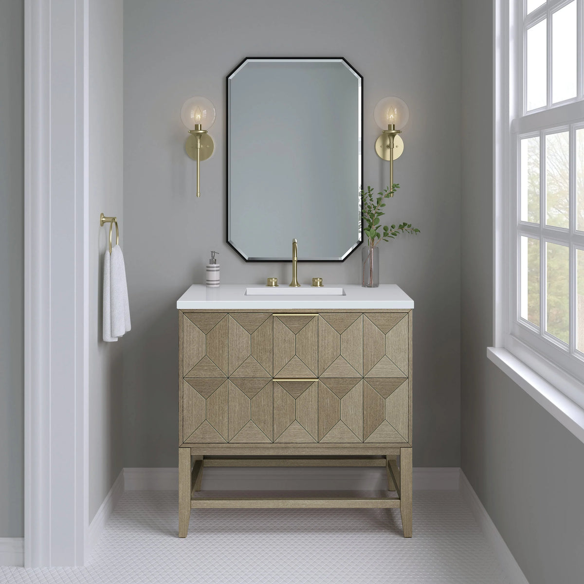 Emmeline 36" Single Vanity, Pebble Oak w/ 3 CM White Zeus Top