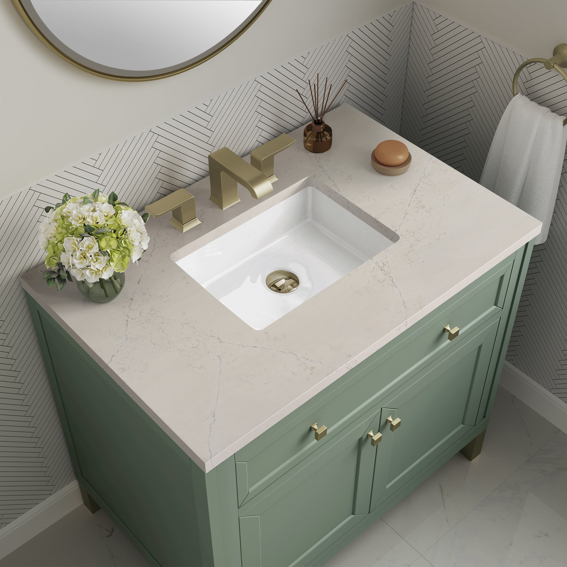 Renovate for Less Atlanta Chicago 36" Single Vanity, Smokey Celadon, w/ 3 CM Siberian Silestone Top