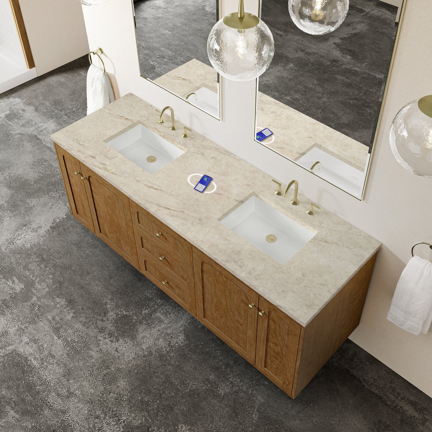 Renovate for Less Atlanta Laurent 72" Double Vanity, Honey Oak w/ 3 CM Tajnar Eclos Top w/FreePower Wireless Charger