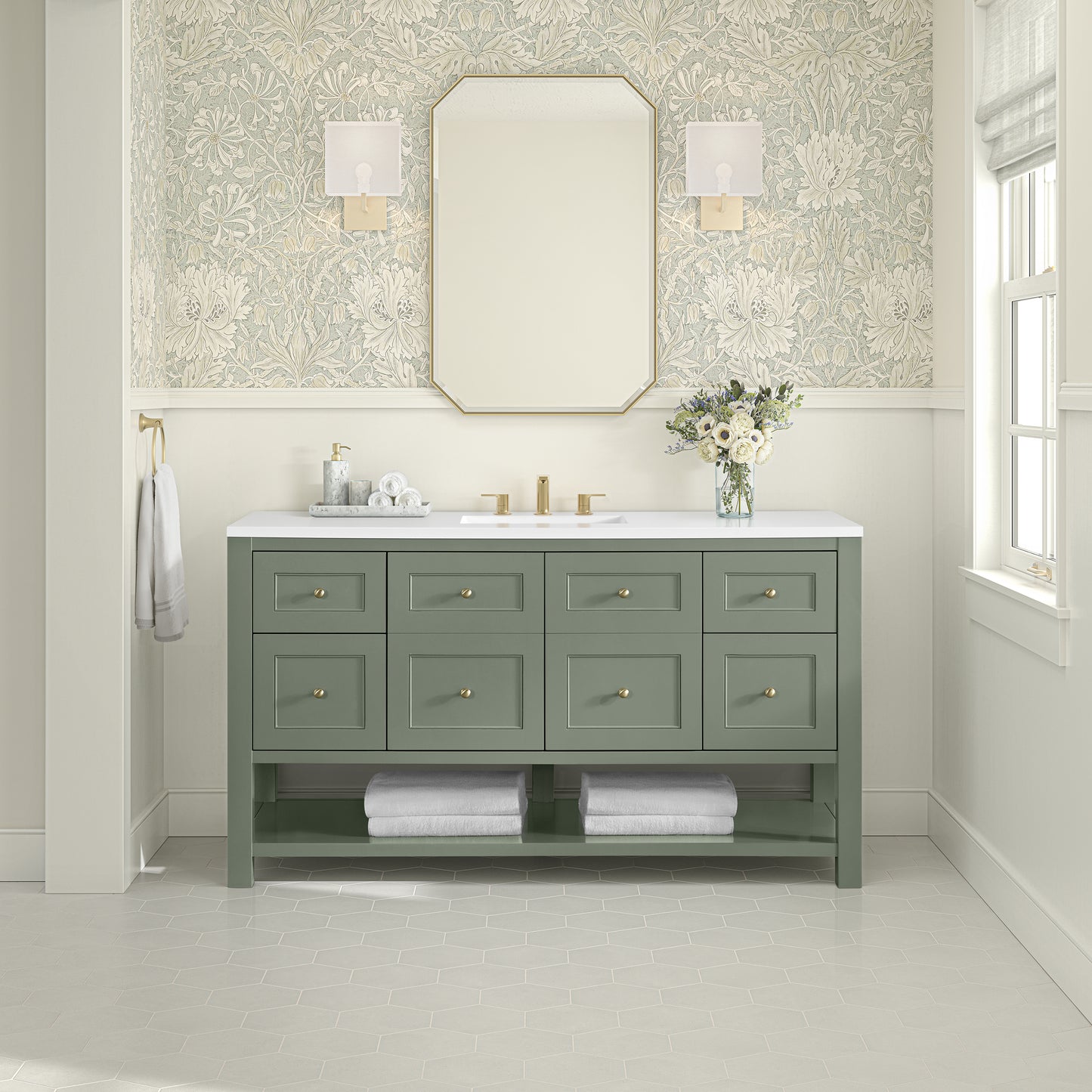 Renovate for Less Atlanta Breckenridge 60" Single Vanity, Smokey Celadon, w/ 3 CM White Zeus Quartz Top