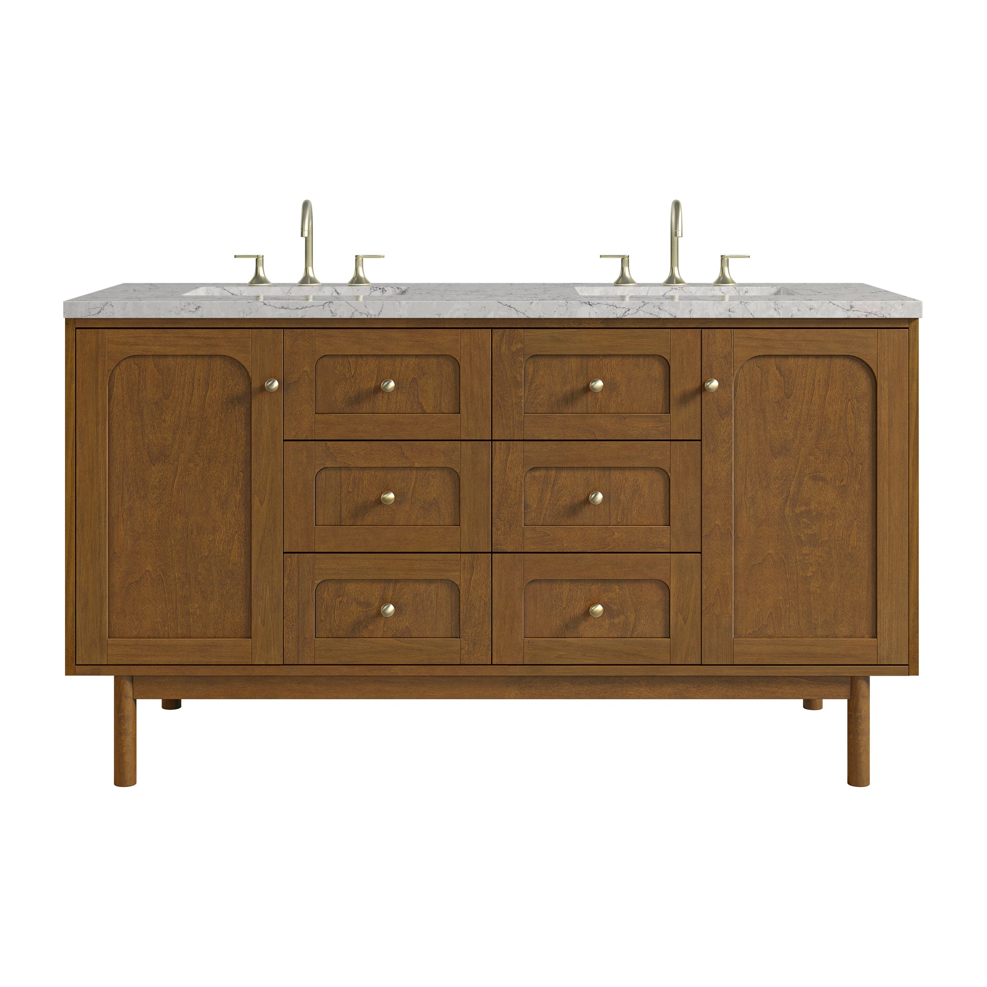 Renovate for Less Atlanta Laurent 60" Double Vanity, Honey Oak w/ 3 CM Eternal Jasmine Pearl Silestone Top w/FreePower Wireless Charger