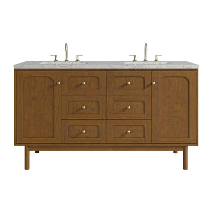 Renovate for Less Atlanta Laurent 60" Double Vanity, Honey Oak w/ 3 CM Eternal Jasmine Pearl Silestone Top w/FreePower Wireless Charger