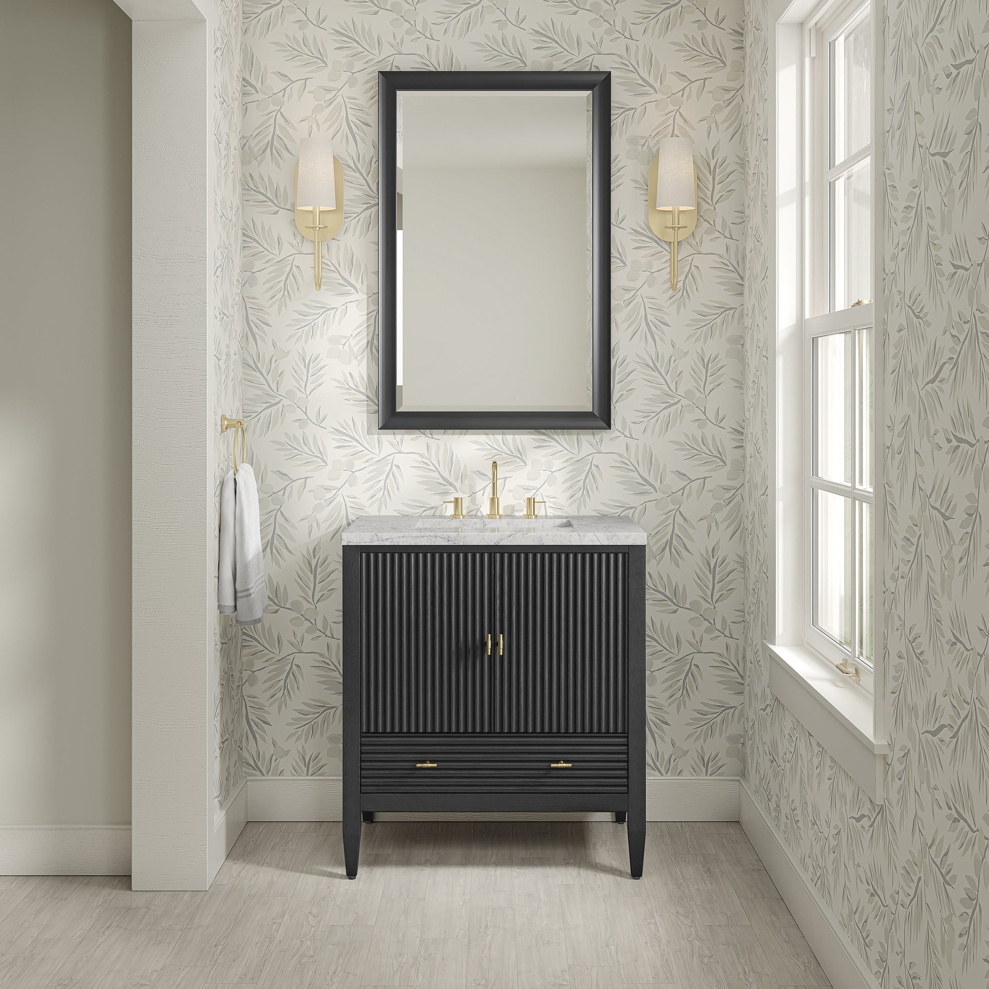 Renovate for Less Atlanta Myrrin 30" Single Vanity, Carbon Oak w/ 3 CM Eternal Jasmine Pearl Silestone Top