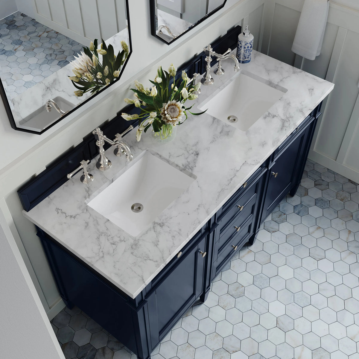 Brittany 60" Double Vanity, Victory Blue w/ 3 CM Carrara Marble Top