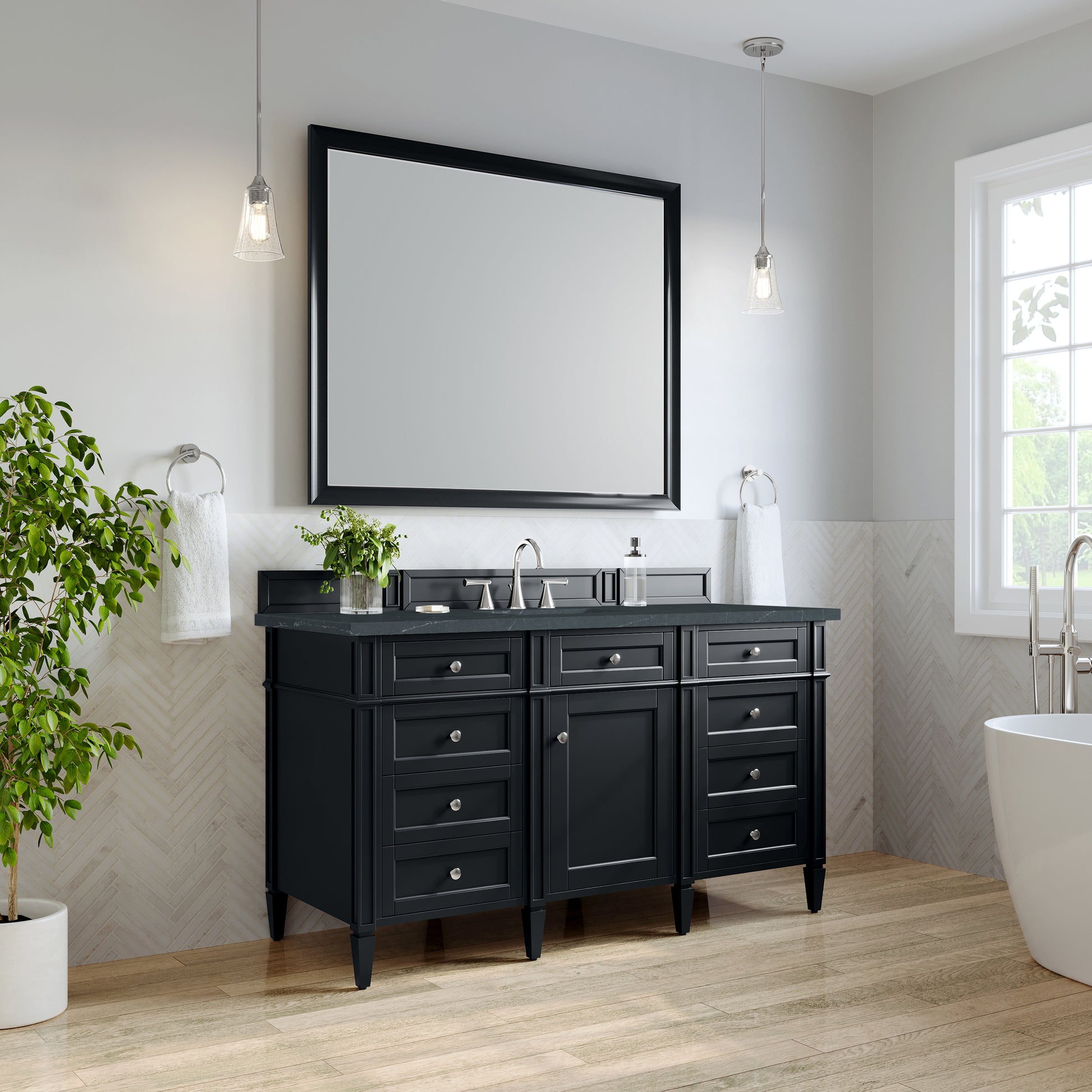 Renovate for Less Atlanta Brittany 60" Single Vanity, Black Onyx, w/ 3 CM Charcoal Soapstone Silestone Top