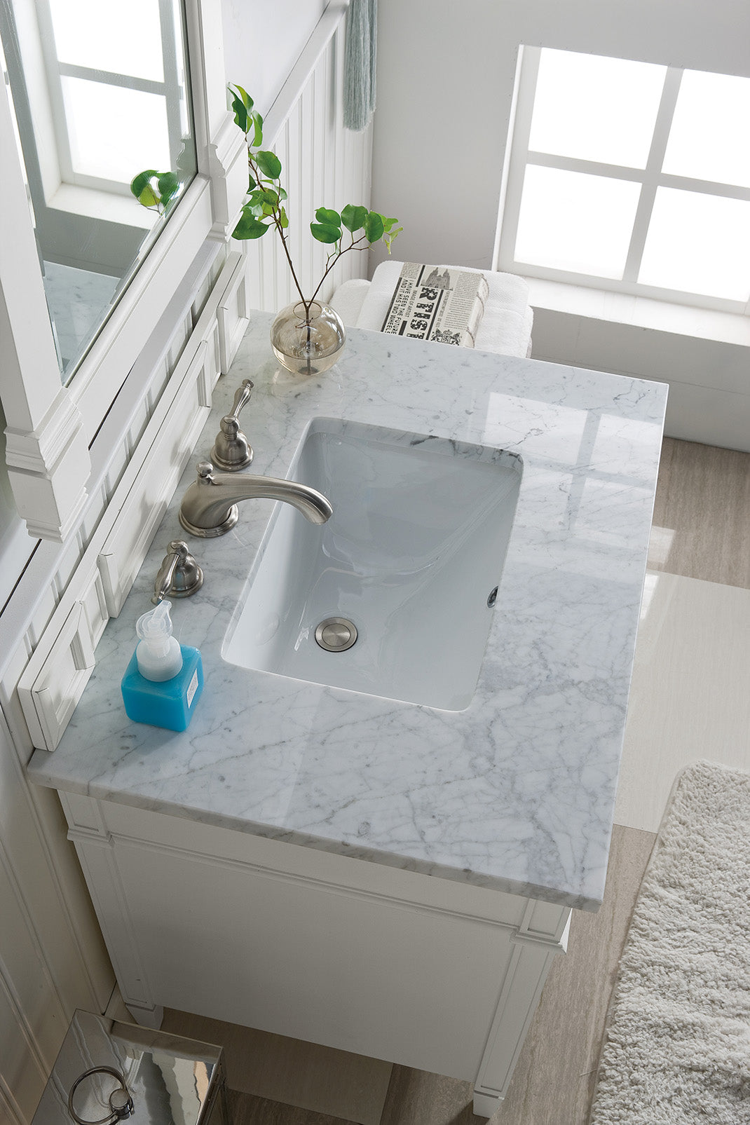 Renovate for Less Atlanta Brittany 30" Single Vanity, Bright White w/ 3 CM Carrara Marble Top