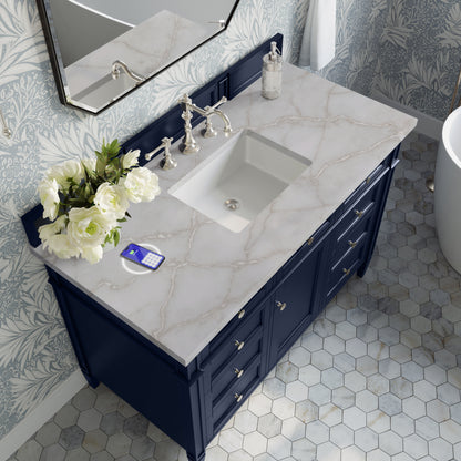 Renovate for Less Atlanta Brittany 48" Single Vanity, Victory Blue w/ 3 CM Victorian Silver Silestone Top w/FreePower Wireless Charger