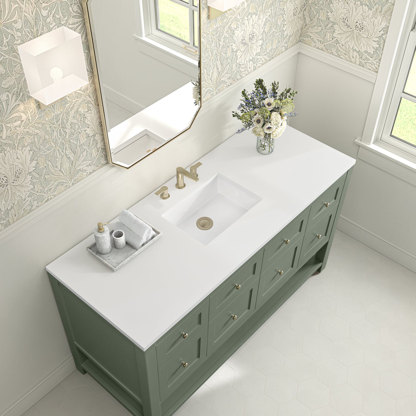 Renovate for Less Atlanta Breckenridge 60" Single Vanity, Smokey Celadon, w/ 3 CM White Zeus Quartz Top