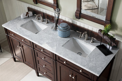 Renovate for Less Atlanta Brittany 72" Double Vanity, Burnished Mahogany w/ 3 CM Carrara Marble Top