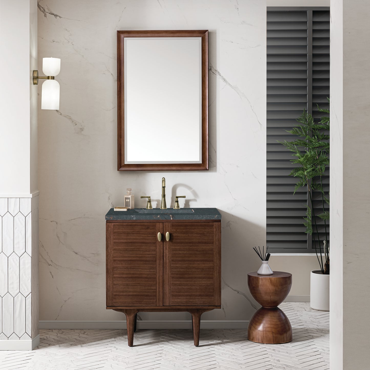 Renovate for Less Atlanta Amberly 30" Single Vanity, Mid-Century Walnut w/ 3 CM Parisien Bleu Top
