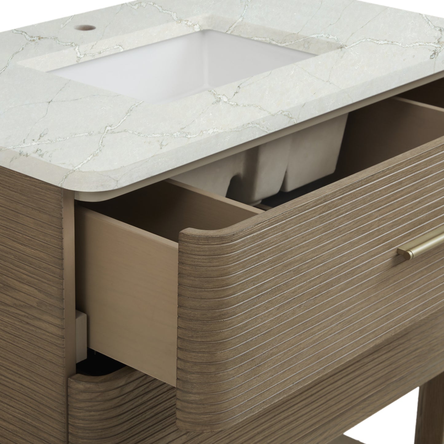 Renovate for Less Atlanta Lucian 36" Single Vanity, Pebble Oak w/ 3 CM Victorian Silver Silestone Top