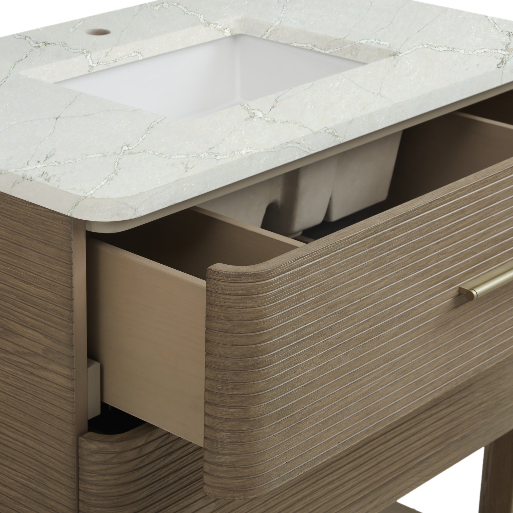 Renovate for Less Atlanta Lucian 36" Single Vanity, Pebble Oak w/ 3 CM Victorian Silver Silestone Top