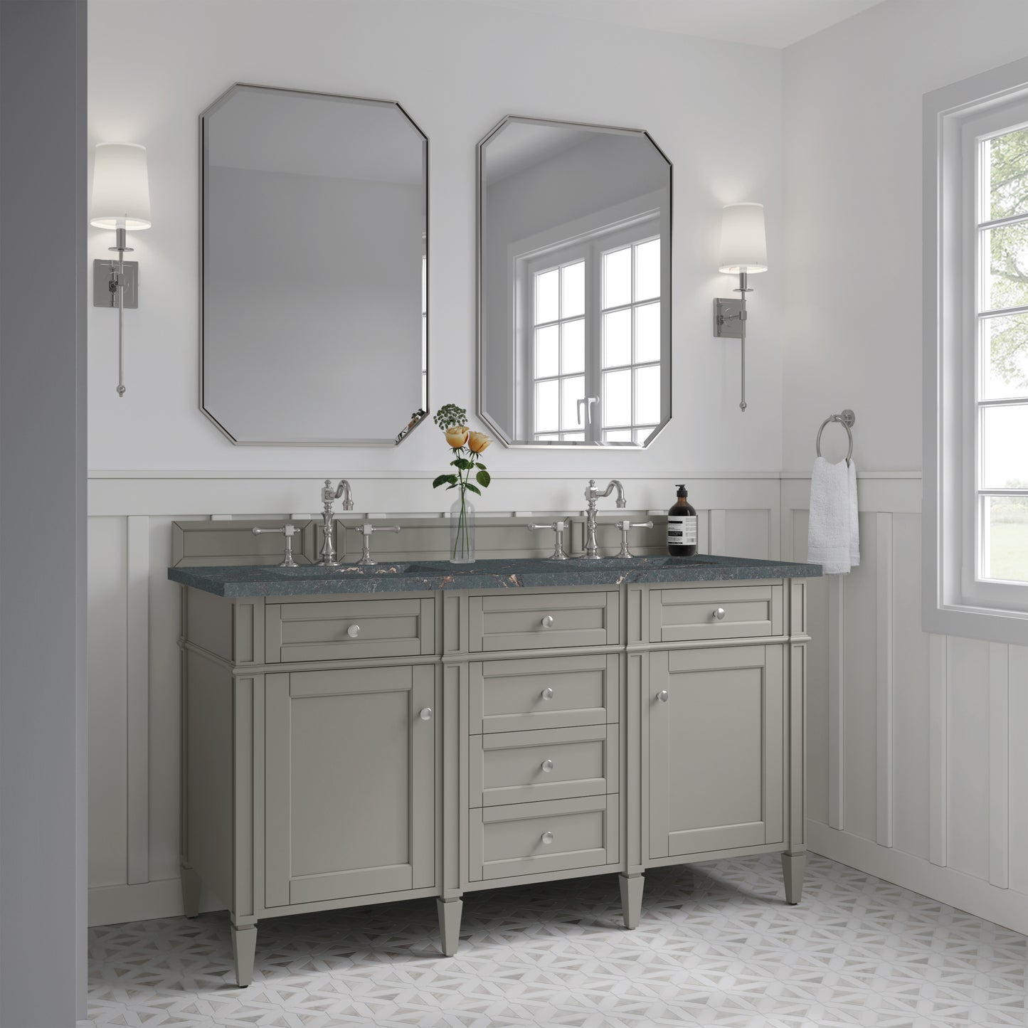 Renovate for Less Atlanta Brittany 60" Double Vanity, Urban Gray w/ 3 CM Parisien Bleu Silestone Top w/FreePower Wireless Charger