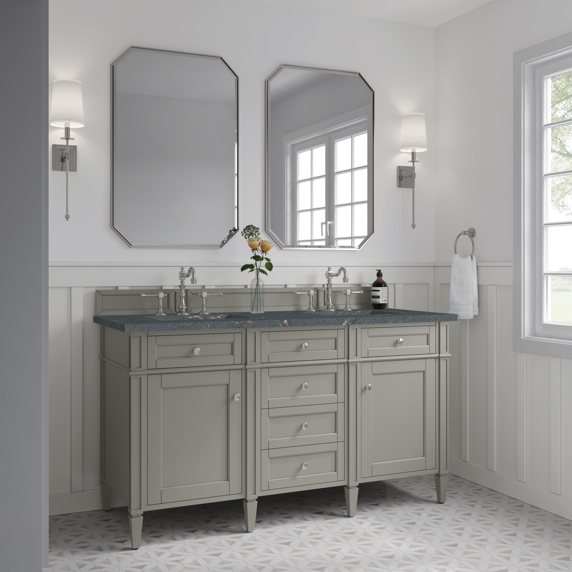 Renovate for Less Atlanta Brittany 60" Double Vanity, Urban Gray w/ 3 CM Parisien Bleu Silestone Top w/FreePower Wireless Charger