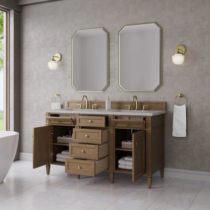 Brittany 60" Double Vanity, Pecan w/ 3 CM Eternal Jasmine Pearl Silestone Top