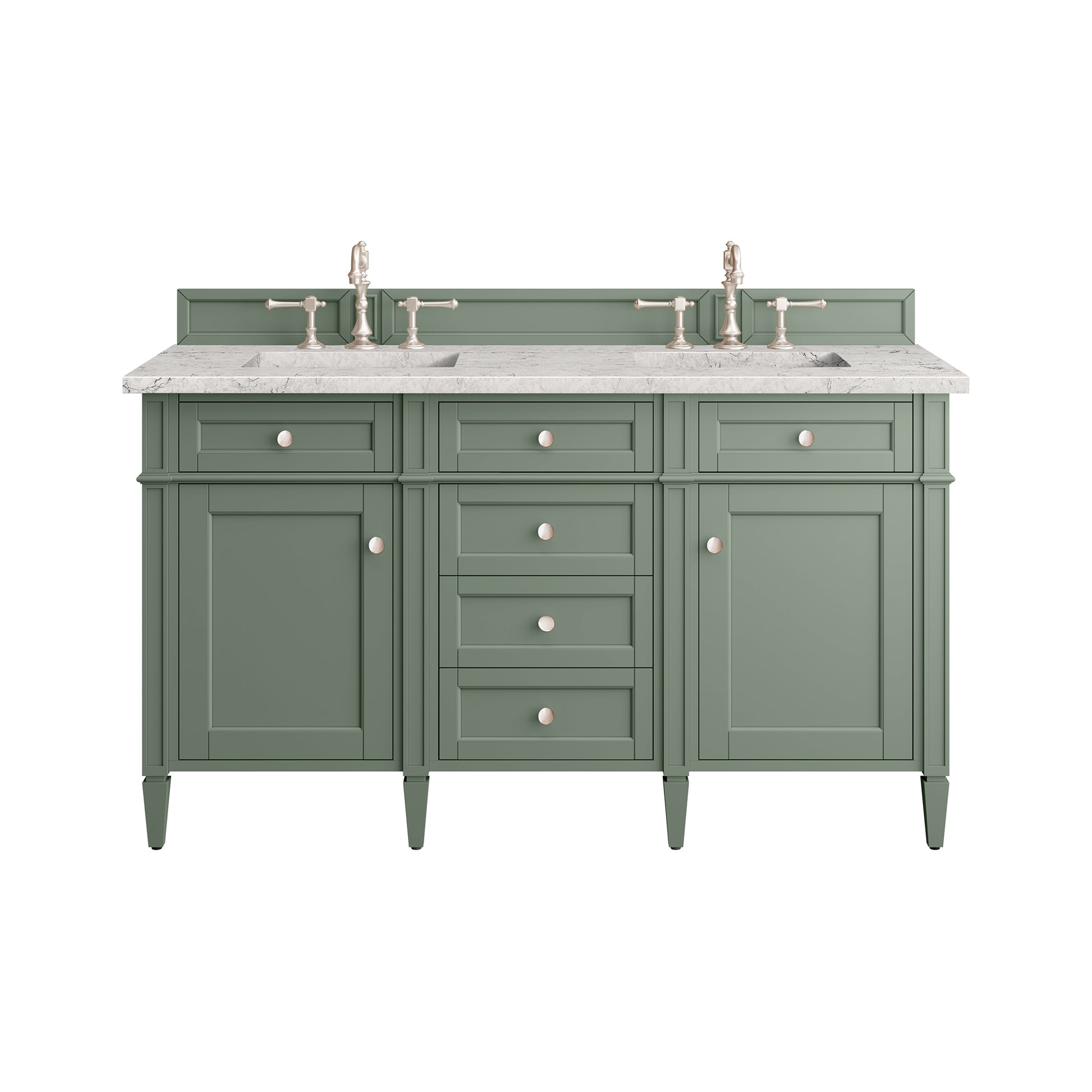 Renovate for Less Atlanta Brittany 60" Double Vanity, Smokey Celadon w/ 3 CM Eternal Jasmine Pearl Top w/FreePower Wireless Charger