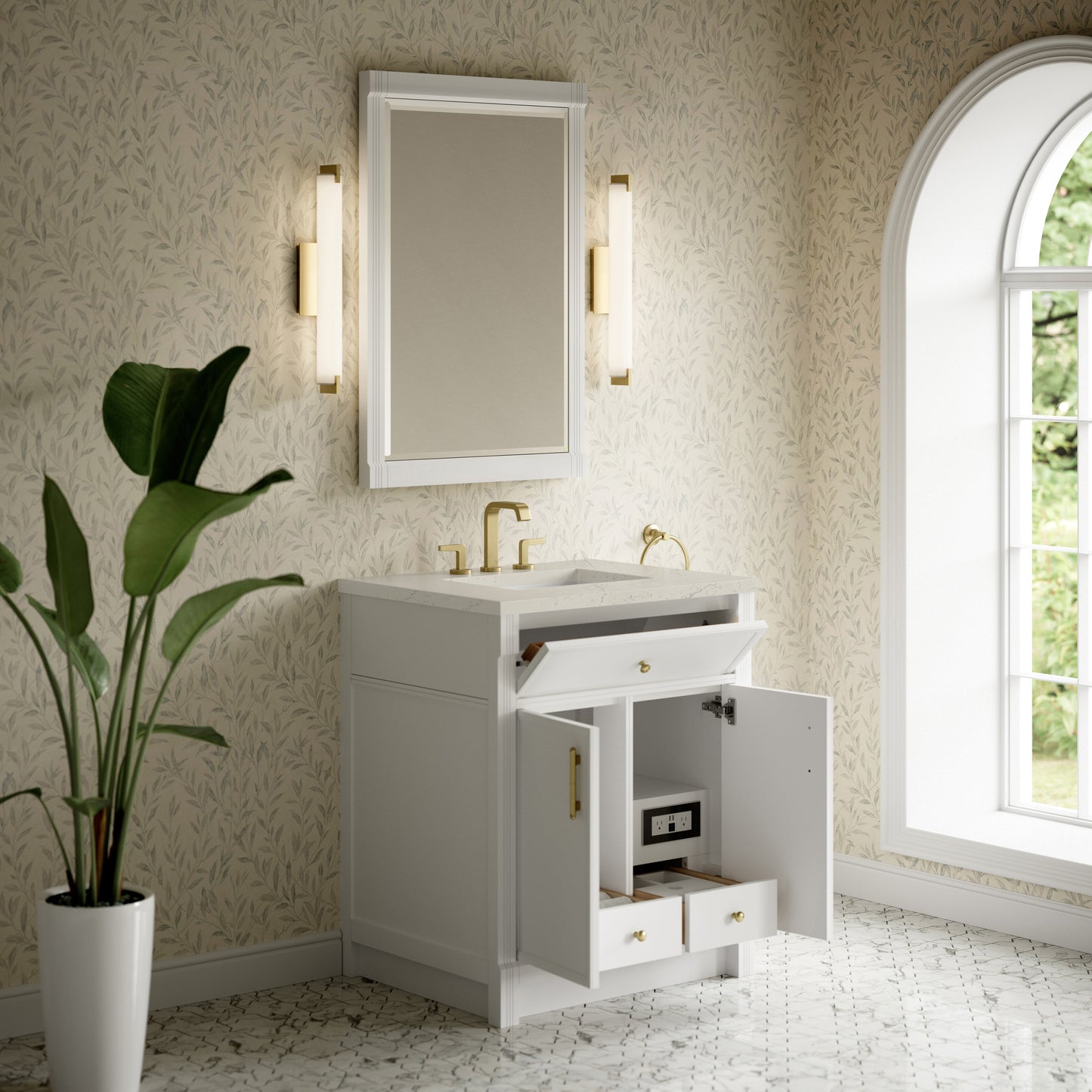 Renovate for Less Atlanta Bellshire 30" Single Vanity, Bright White w/ 3 CM Siberian Silestone Top