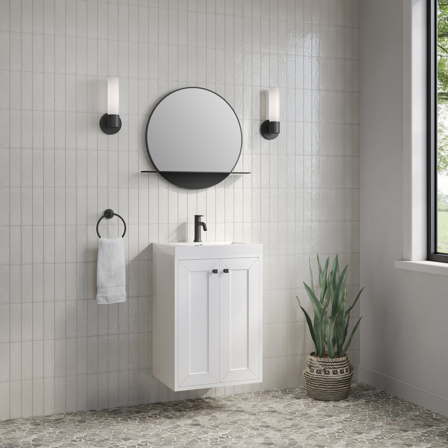 Renovate for Less Atlanta Chianti 20" Single Vanity, Glossy White, Matte Black, w/ White Glossy Composite Stone Top