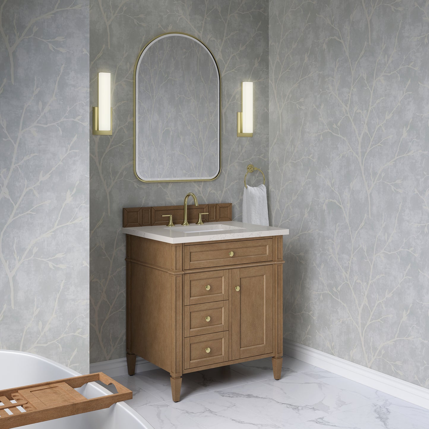 Renovate for Less Atlanta Brittany 30" Single Vanity, Pecan w/ 3 CM Siberian Silestone Top