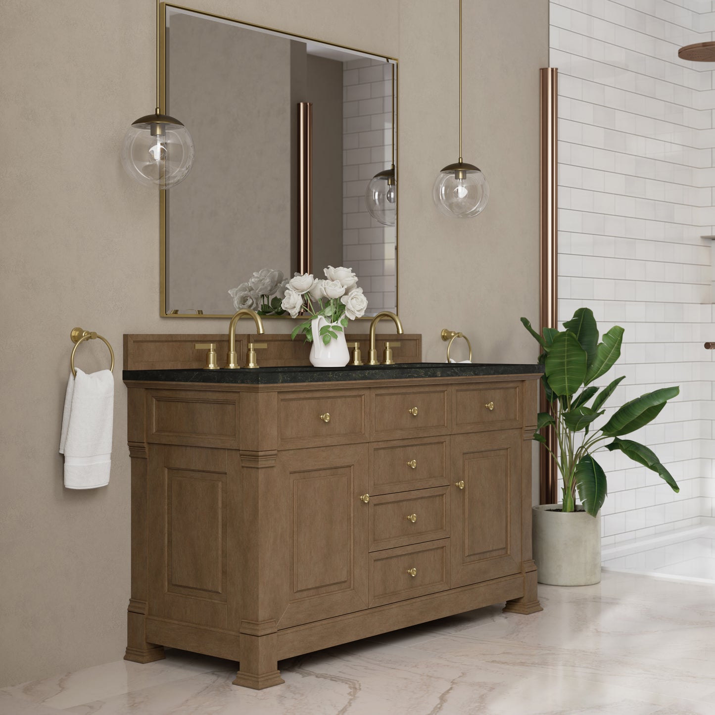 Renovate for Less Atlanta Brookfield 60" Double Vanity, Pecan, w/ 3 CM Phantome Eclos Top