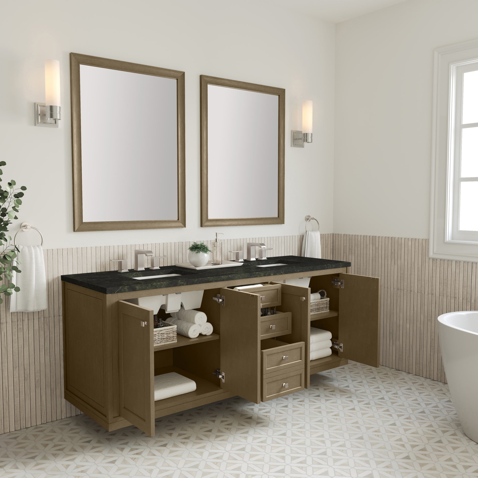 Renovate for Less Atlanta Chicago 72" Double Vanity, Walnut Whisper, w/ 3 CM Phantome Eclos Top