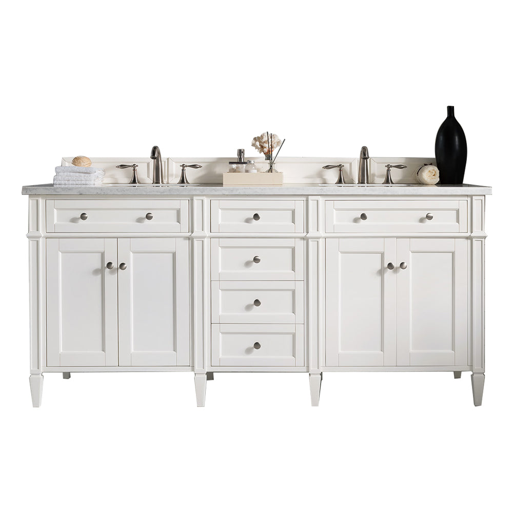 Renovate for Less Atlanta Brittany 72" Double Vanity, Bright White Vanity w/ 3 CM Eternal Jasmine Pearl Silestone Top w/FreePower Wireless Charger