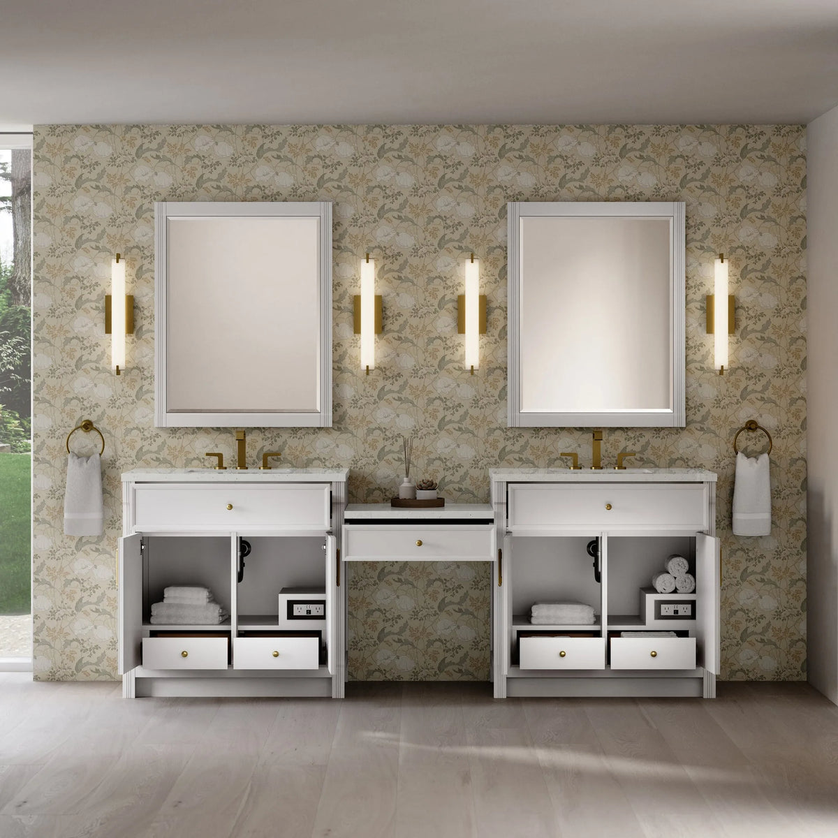 Bellshire 96" Dual Vanity Set with 24" Make-Up Counter, Bright White w/3 cm Lime Delight Silestone Top