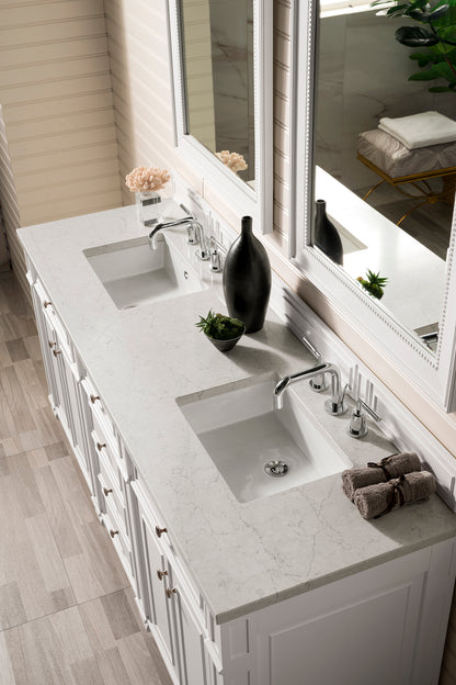 Renovate for Less Atlanta Bristol 72" Double Vanity, Bright White w/ 3 CM Eternal Jasmine Pearl Silestone Top w/FreePower Wireless Charger