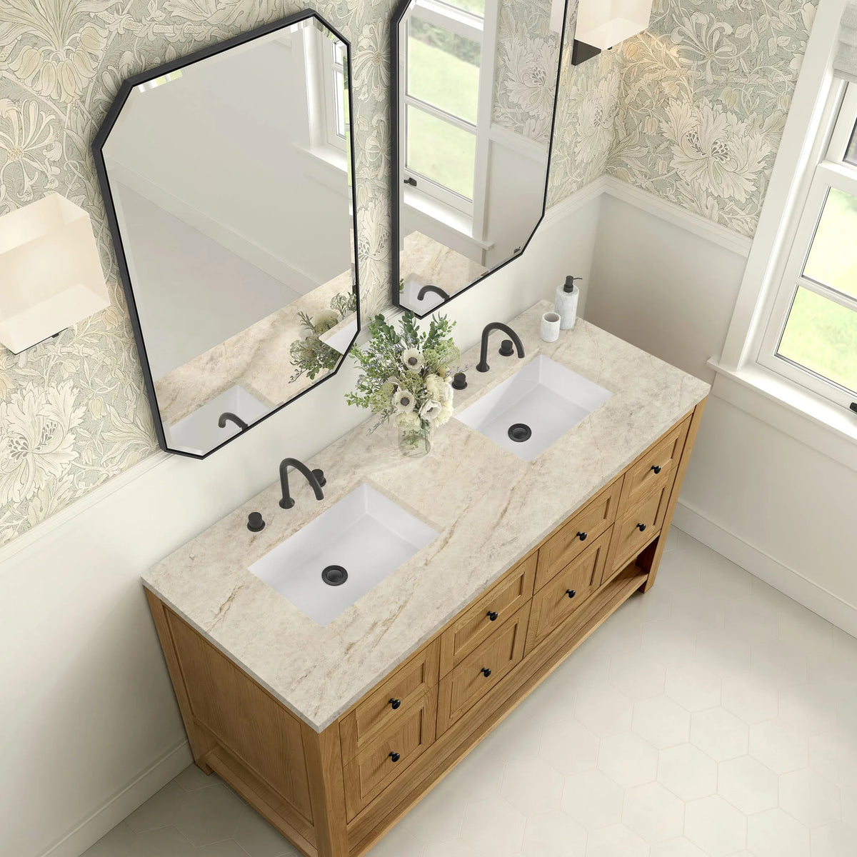 Breckenridge 60" Double Vanity, Light Natural Oak, w/ 3 CM Tajnar Eclos Top