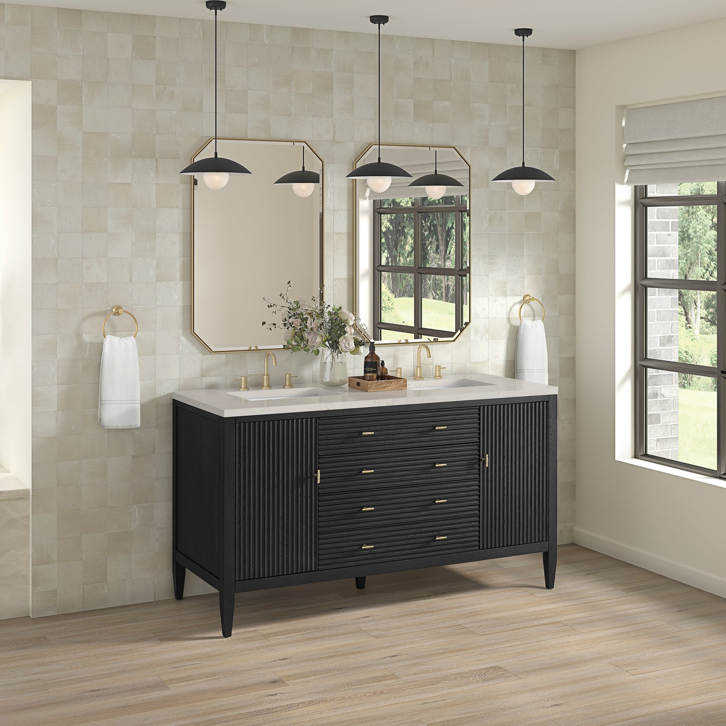 Renovate for Less Atlanta Myrrin 60" Double Vanity, Carbon Oak, w/ 3 CM Siberian Silestone Top