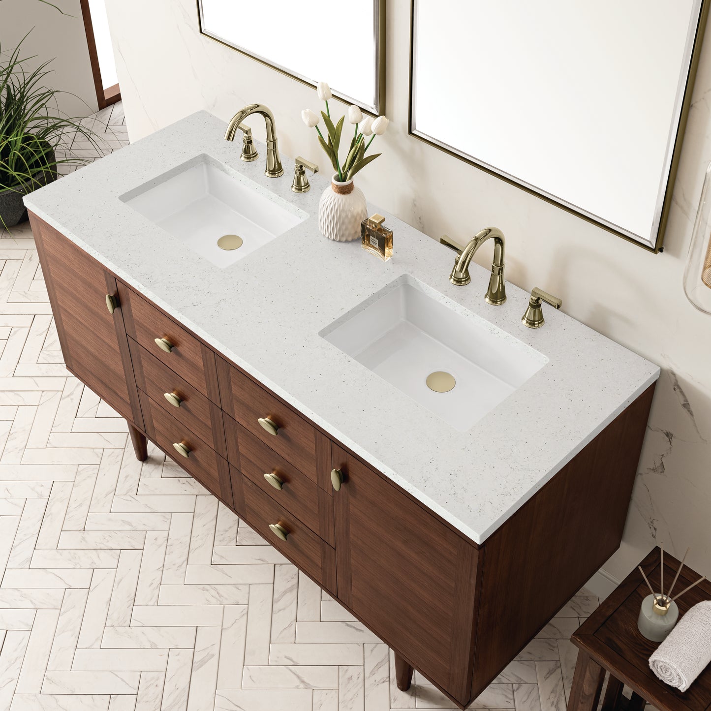 Renovate for Less Atlanta Amberly 60" Double Vanity, Mid-Century Walnut w/ 3 CM Lime Delight Top