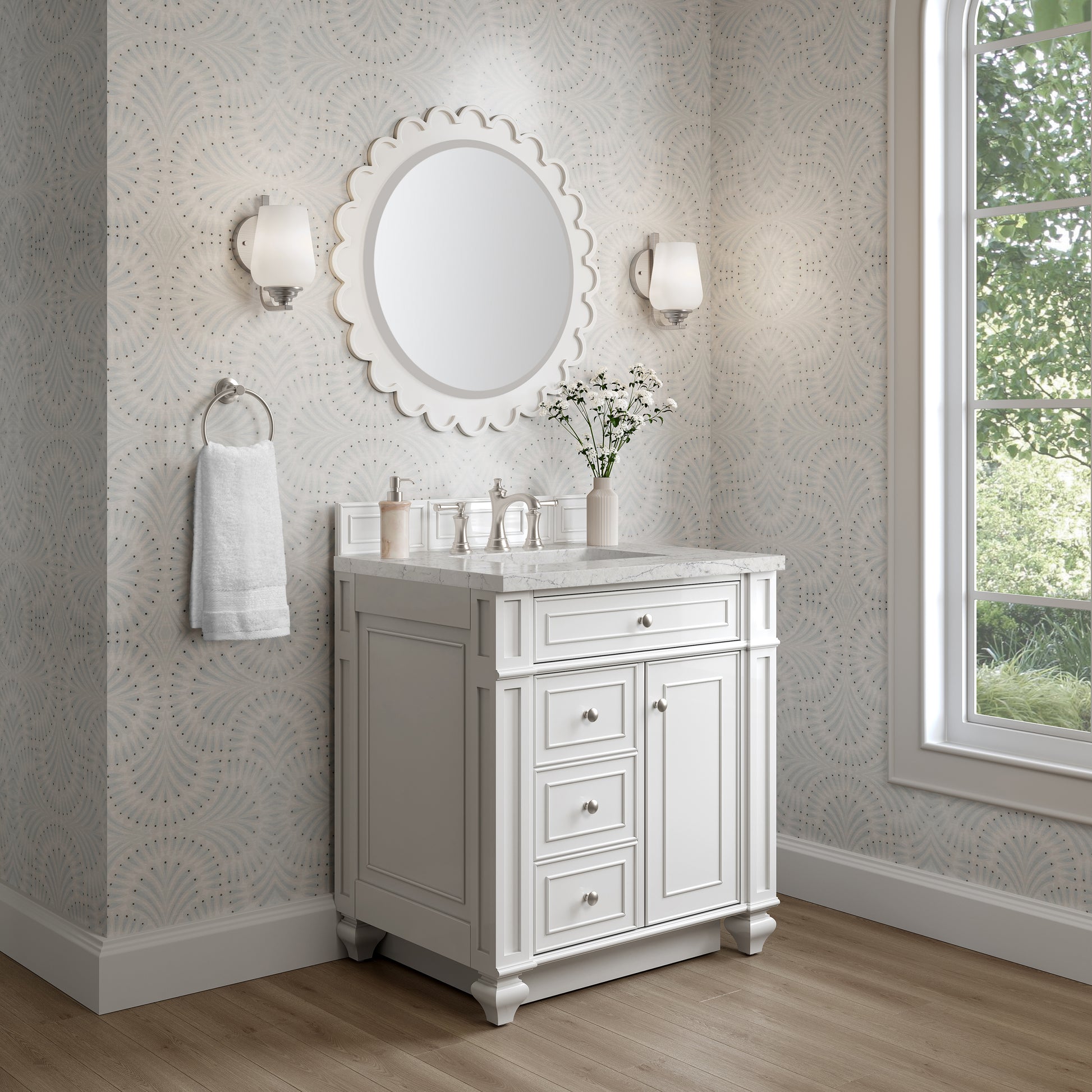 Renovate for Less Atlanta Bristol 30" Single Vanity, Bright White w/ 3 CM Eternal Jasmine Pearl Silestone Top