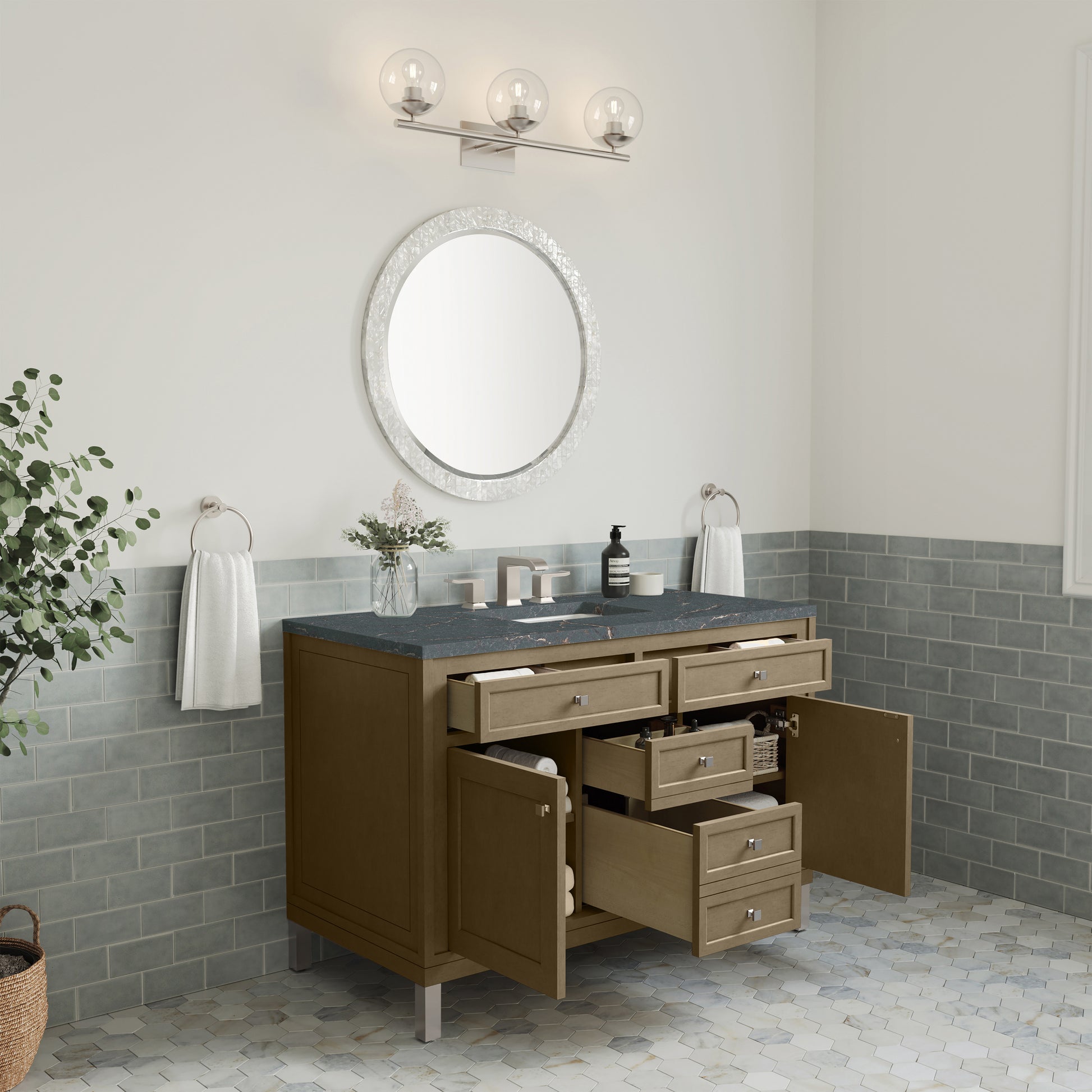 Renovate for Less Atlanta Chicago 48" Single Vanity, Walnut Whisper, w/ 3 CM Parisien Bleu Silestone® Top w/FreePower Wireless Charger