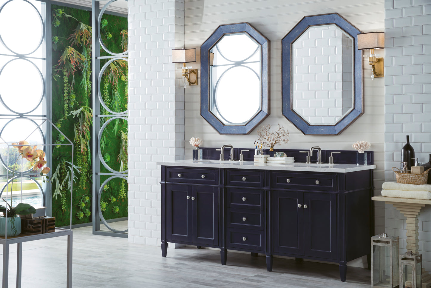 Renovate for Less Atlanta Brittany 72" Double Vanity, Victory Blue w/ 3 CM Eternal Jasmine Pearl Silestone Top w/FreePower Wireless Charger