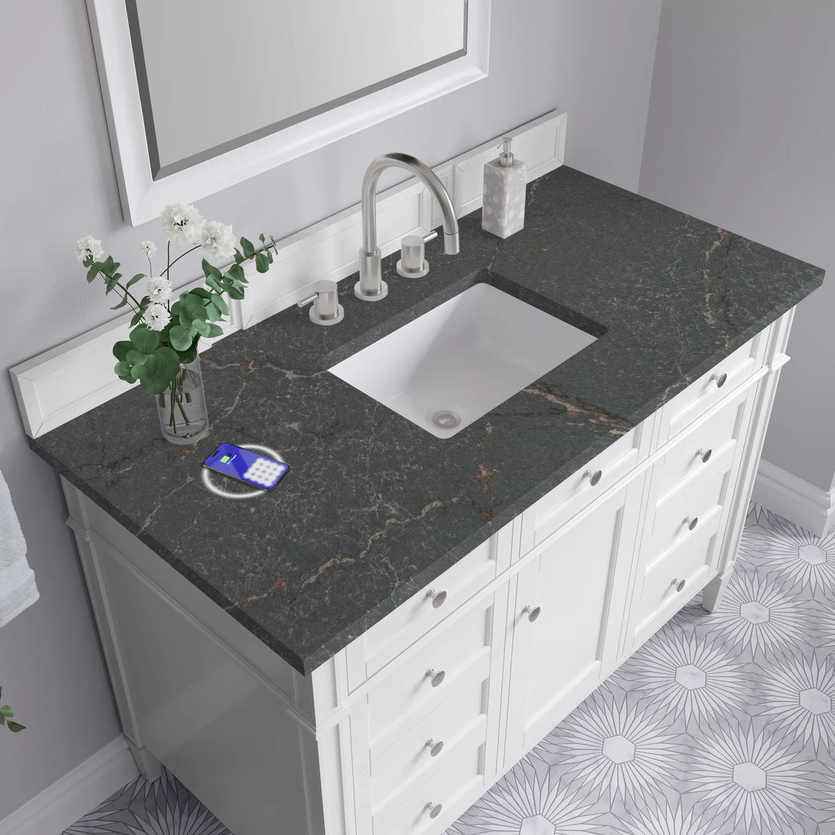 Brittany 48" Single Vanity, Bright White w/ 3 CM Parisien Bleu Silestone Top w/FreePower Wireless Charger