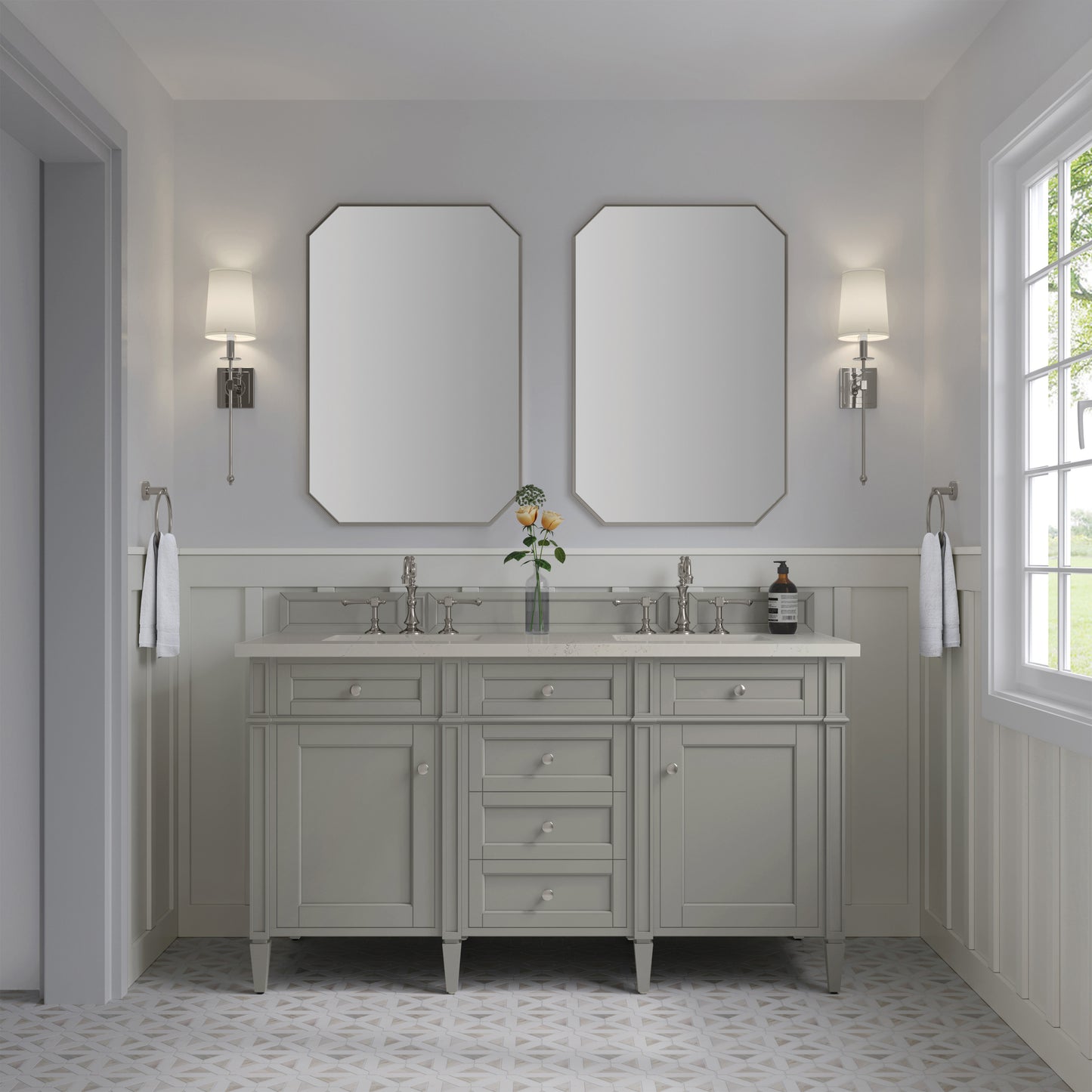 Renovate for Less Atlanta Brittany 60" Double Vanity, Urban Gray, w/ 3 CM Siberian Silestone Top w/FreePower Wireless Charger