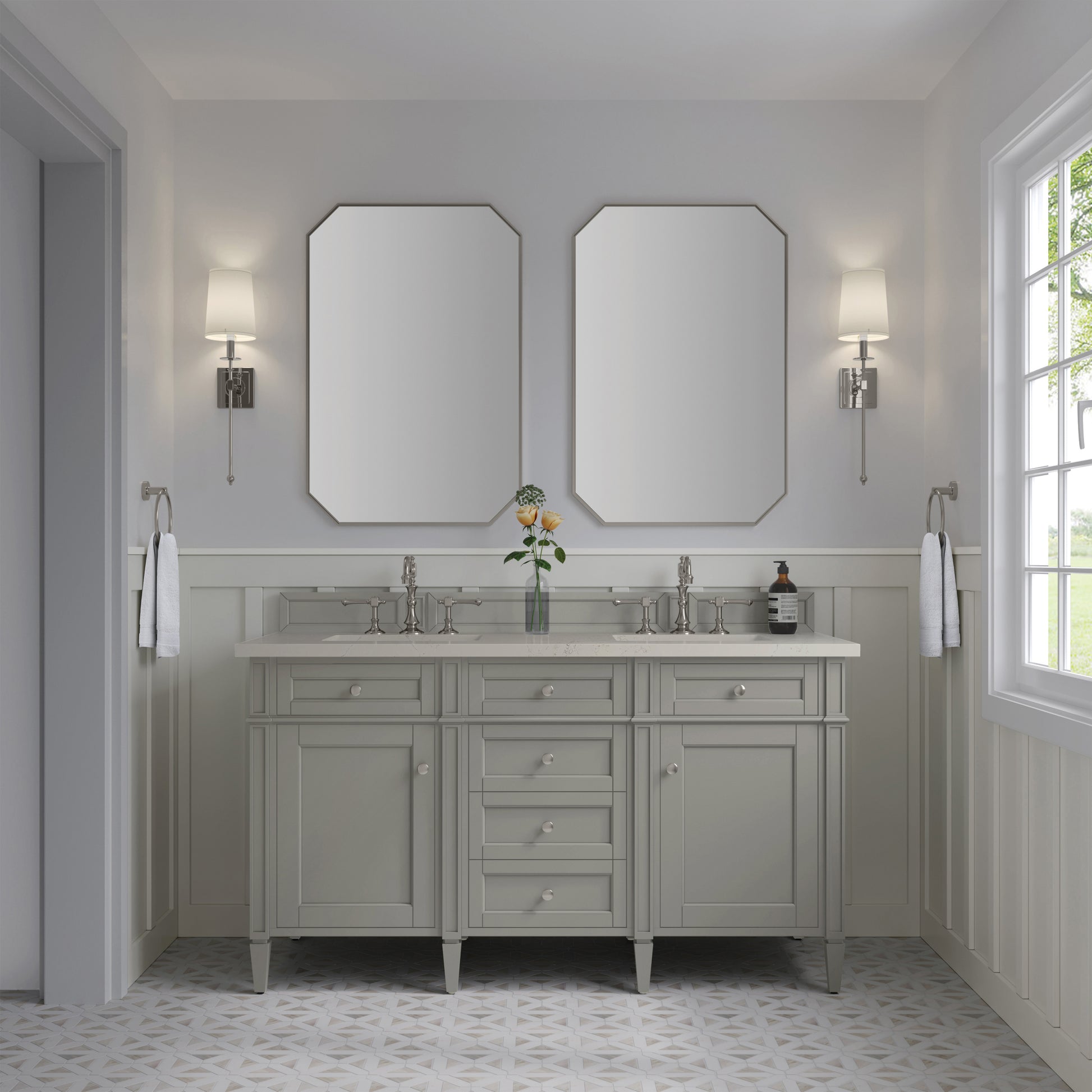 Renovate for Less Atlanta Brittany 60" Double Vanity, Urban Gray, w/ 3 CM Siberian Silestone Top w/FreePower Wireless Charger