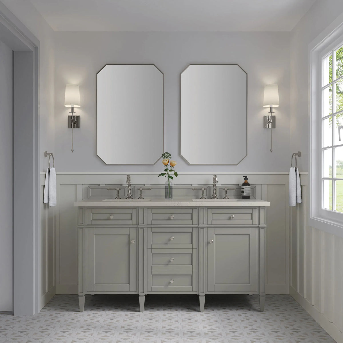 Brittany 60" Double Vanity, Urban Gray, w/ 3 CM Siberian Silestone Top w/FreePower Wireless Charger