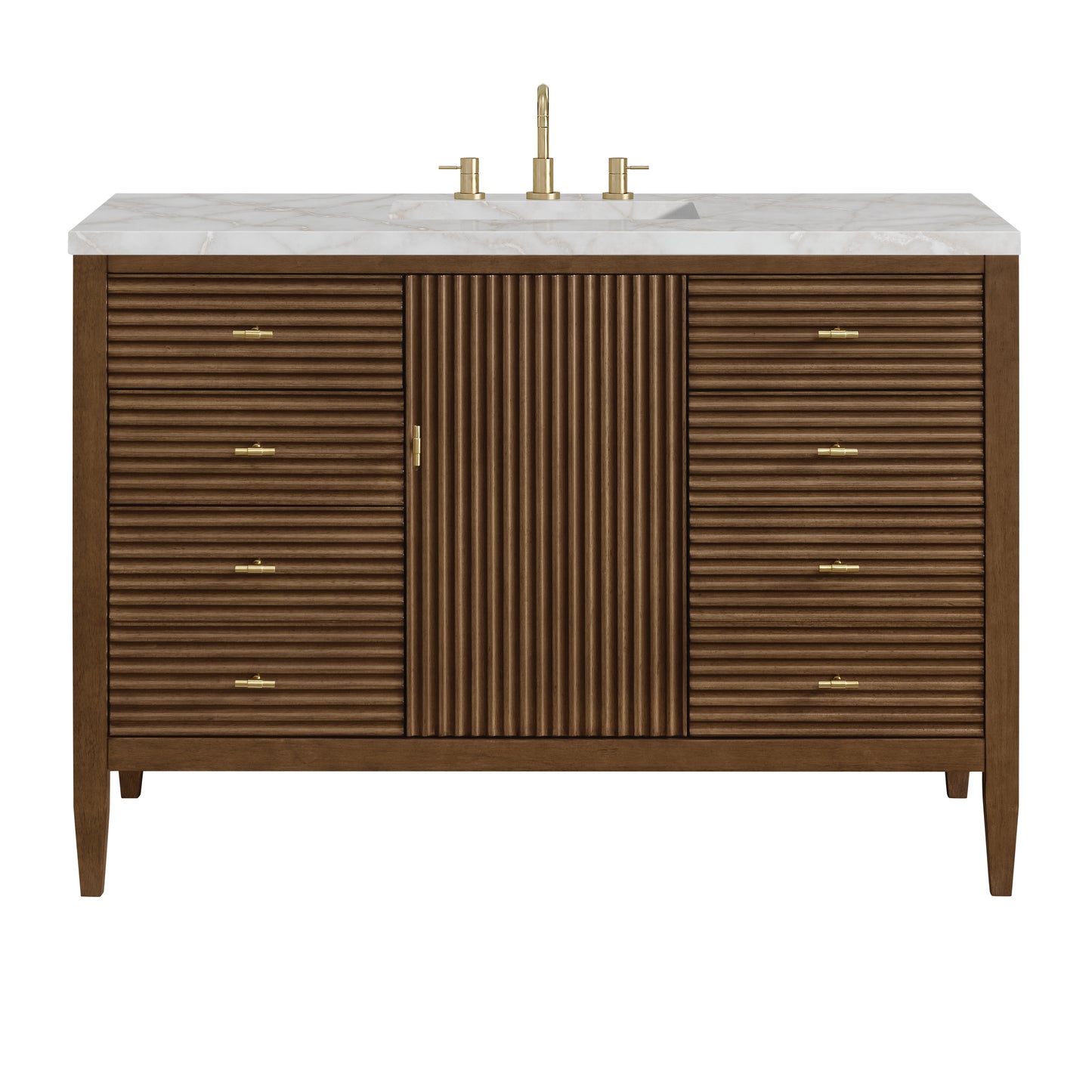 Renovate for Less Atlanta Myrrin 48" Single Vanity, Mid Century Walnut w/ 3 CM Victorian Silver Silestone Top w/FreePower Wireless Charger