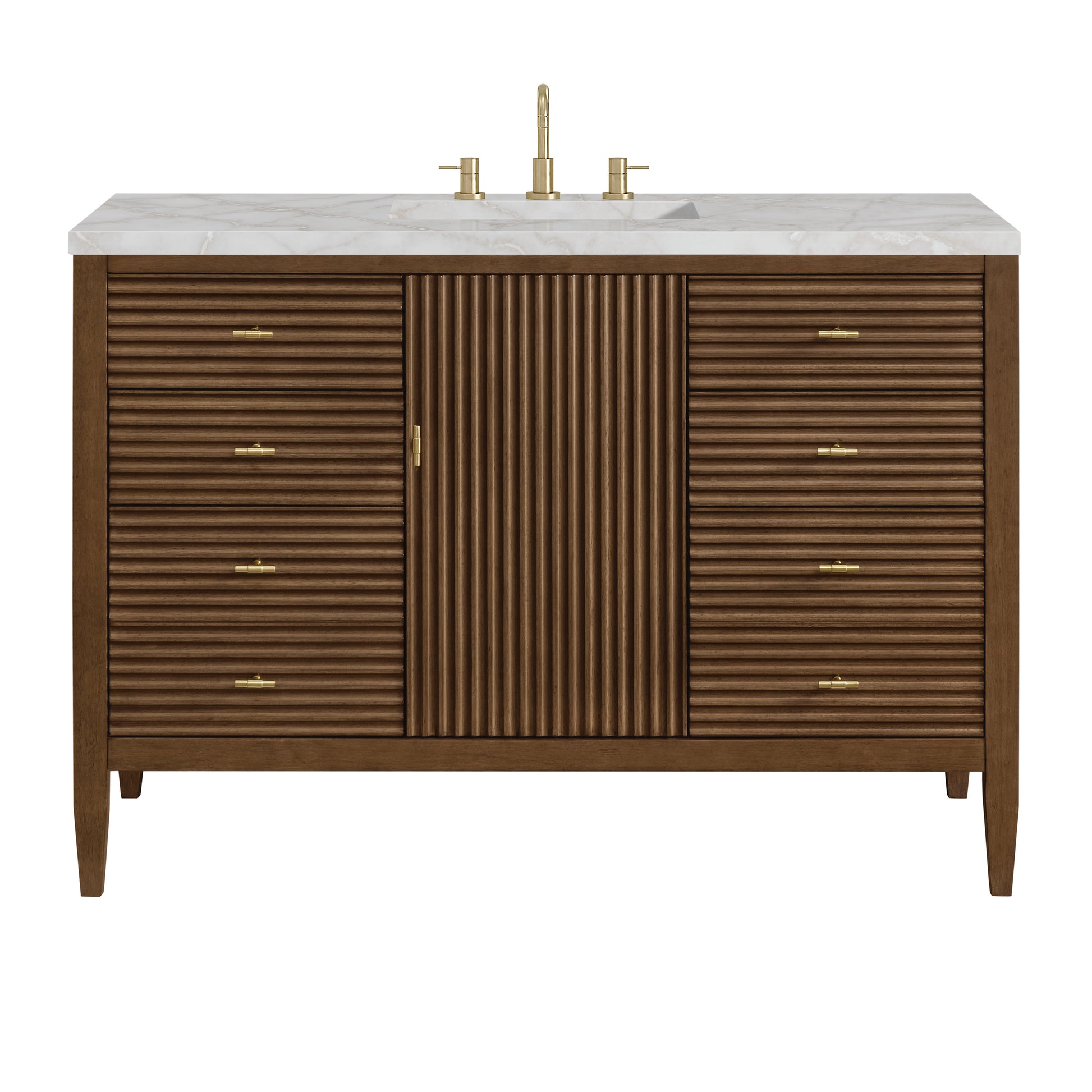 Renovate for Less Atlanta Myrrin 48" Single Vanity, Mid Century Walnut w/ 3 CM Victorian Silver Silestone Top w/FreePower Wireless Charger