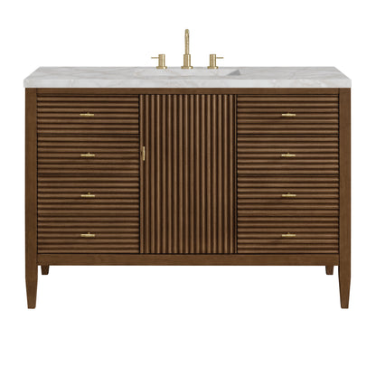 Renovate for Less Atlanta Myrrin 48" Single Vanity, Mid Century Walnut w/ 3 CM Victorian Silver Silestone Top w/FreePower Wireless Charger
